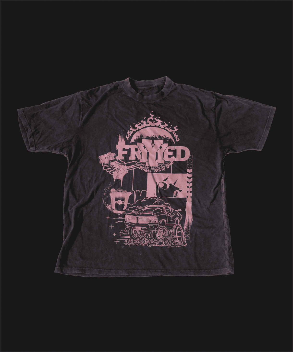 Black t-shirt with a pink graphic of a car, cat, tree, and the word "FRYED" in bold text on the front.