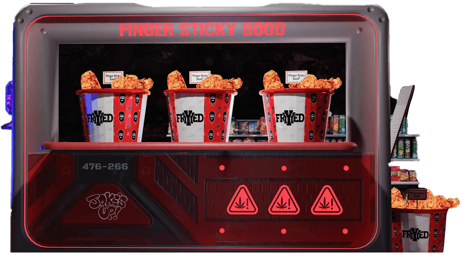 Red buckets of fried chicken displayed.