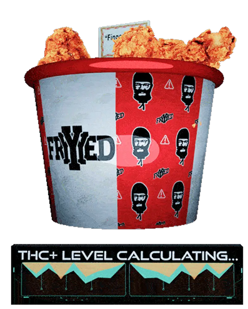 Bucket of fried chicken with THC level indicator.